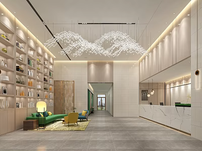 Modern Hotel Lobby With Grand Crystal Chandelier Bookshelf Wall Green Sofa And Marble Reception Desk 3d model