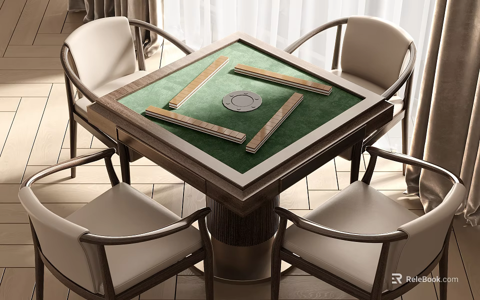 Entertainment Table With Green Felt Surface Surrounding Chairs Mahjong Tiles And Circular Center 3d model 