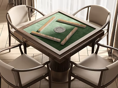 Entertainment Table With Green Felt Surface Surrounding Chairs Mahjong Tiles And Circular Center 3d model