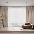 Light Colored Curtains With Window Blinds In Modern Living Room With Armchair And Potted Plant