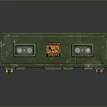 Elongated Green Military Grade Weapon Storage Container With Yellow Labels And Side Openings