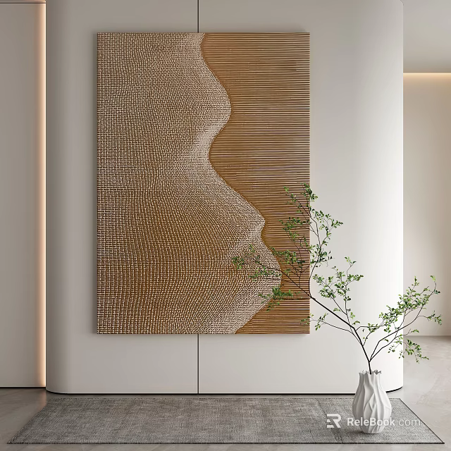 Abstract Painting Textured Brown Design on Wall with Green Plant in Modern Interior 3d model 