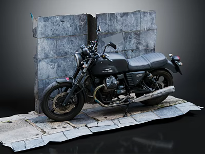 Black Classic Motorcycle Parked On Slate Platform Against Gray Stone Wall 3d model