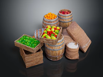 Fresh Orange Red Green Fruits in Wooden Barrels Crates with Sacks and Salt Bags 3d model