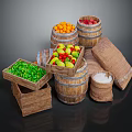 Fresh Orange Red Green Fruits in Wooden Barrels Crates with Sacks and Salt Bags