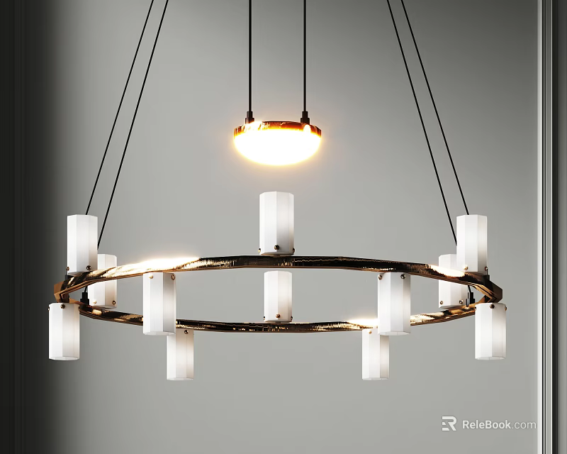 Modern Circular Chandelier With White Cylindrical Shades Dark Metal Frame And Glowing Center 3d model 