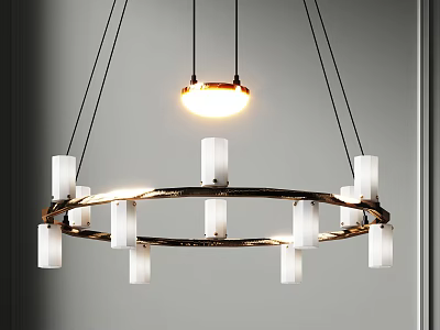 Modern Circular Chandelier With White Cylindrical Shades Dark Metal Frame And Glowing Center 3d model