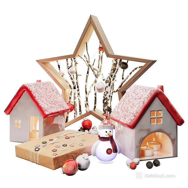 Festive Household Items Including Star Shaped Decoration Small House Models Snowman Doll And Candles 3d model 