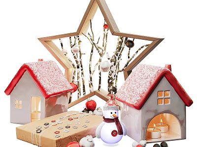 Festive Household Items Including Star Shaped Decoration Small House Models Snowman Doll And Candles 3d model
