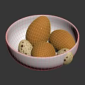 Fresh Brown And Speckled Eggs In White Bowl On Dark Surface 3d model