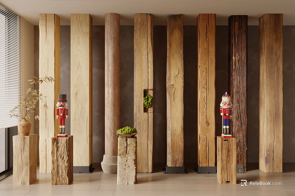 Wooden Pillars With Various Textures And Nutcracker Figures Green Plants Interior Decor 3d model 