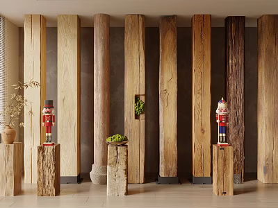Wooden Pillars With Various Textures And Nutcracker Figures Green Plants Interior Decor 3d model