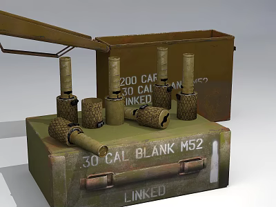 30 Cal Blank M52 Linked Cartridges Stored In Green Ammunition Box With Open Lid 3d model