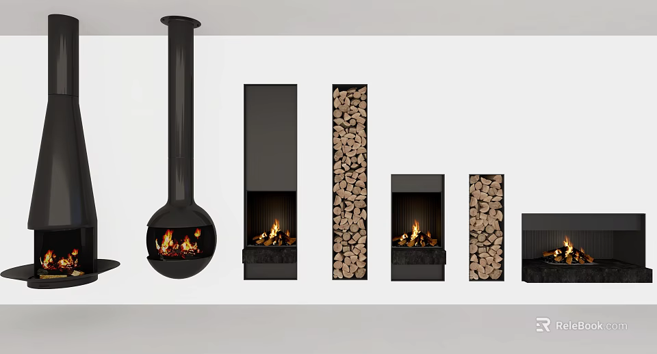 Collection Of Modern Fireplace Designs With Various Shapes And Wood Logs 3d model 