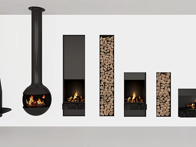 Collection Of Modern Fireplace Designs With Various Shapes And Wood Logs 3d model