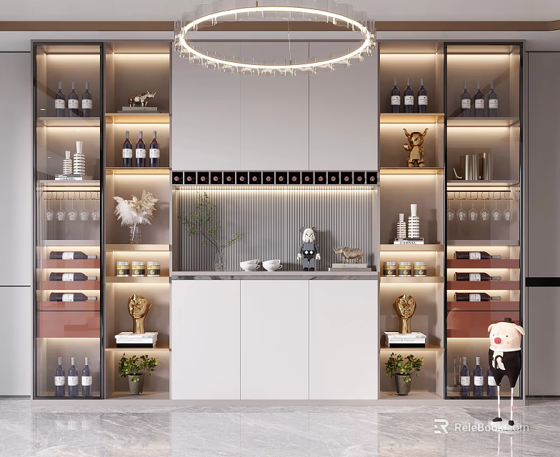 Modern Wine Cabinet With LED Lighting Glass Shelves Wine Bottles And Decorative Elements 3d model 