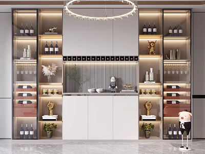 Modern Wine Cabinet With LED Lighting Glass Shelves Wine Bottles And Decorative Elements 3d model