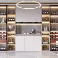 Modern Wine Cabinet With LED Lighting Glass Shelves Wine Bottles And Decorative Elements