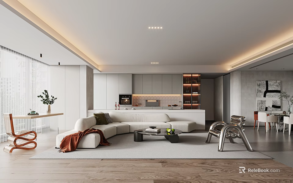 Modern Living and Dining Area With Open Layout White Sofa Wooden Floors Ceiling Strip Lights 3d model 