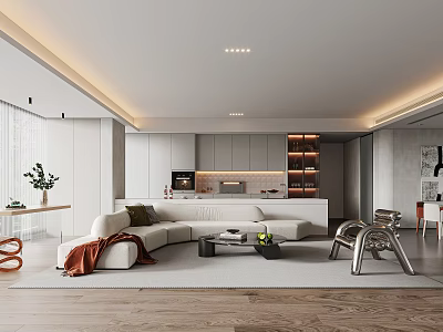 Modern Living and Dining Area With Open Layout White Sofa Wooden Floors Ceiling Strip Lights 3d model