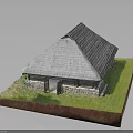 Traditional Wooden House With Gray Tile Roof Stone Walls Green Grass And Red Base Design