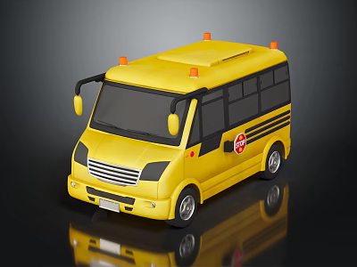 Yellow School Bus Model With Red Warning Lights And Stop Sign On Black Background 3d model