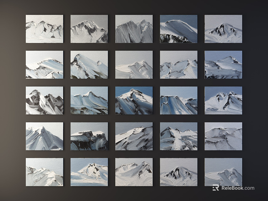 Multiple Snowy Mountain Landscape Paintings Neatly Arranged On Black Background Wall 3d model 