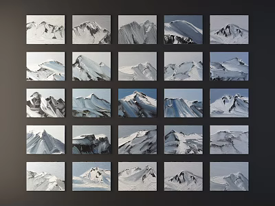 Multiple Snowy Mountain Landscape Paintings Neatly Arranged On Black Background Wall 3d model