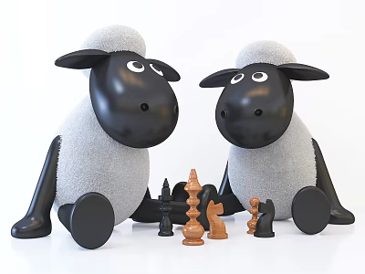Two Plush Sheep Dolls Seated With Chess Pieces On White Background 3d model