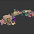 Decorative Bonsai Potted Plants Arranged On Rustic Wooden Table With Baskets And Barrels