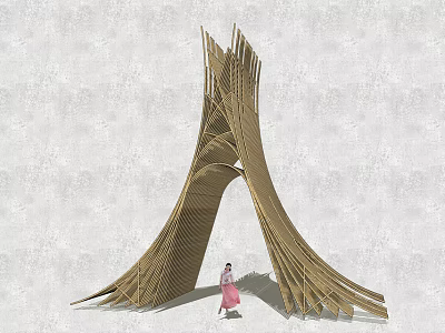 Modern Unique A Shaped Wooden Gate Design With Slender Strips And Standing Person 3d model