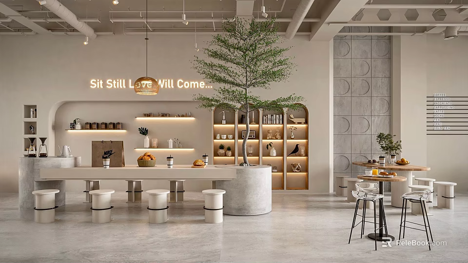 Modern Cafe Interior Design With Large Tree Display Shelves And Comfortable Tables 3d model