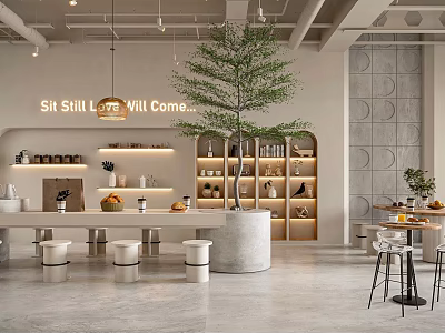 Modern Cafe Interior Design With Large Tree Display Shelves And Comfortable Tables 3d model