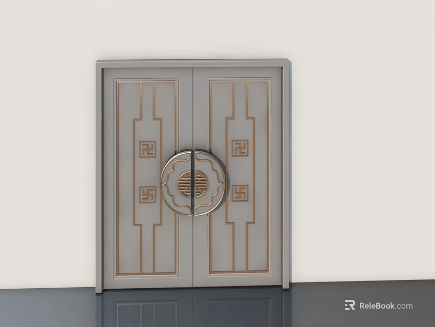 Grey Double Doors With Golden Traditional Patterns And Circular Door Knocker 3d model