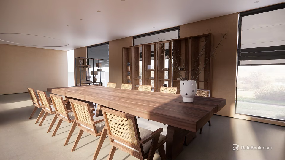 Serene Lounge Area Featuring Long Wooden Table Rattan Chairs And Large Windows With Natural Light 3d model 