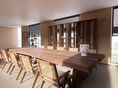 Serene Lounge Area Featuring Long Wooden Table Rattan Chairs And Large Windows With Natural Light 3d model