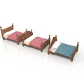 Three Classic Wooden Beds Featuring Colorful Mattresses In Pink Blue And White