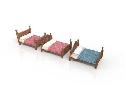 Three Classic Wooden Beds Featuring Colorful Mattresses In Pink Blue And White 3d model