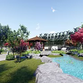 Beautiful Garden Landscape With Ponds Pavilion Green Plants Colorful Flowers And Pathways