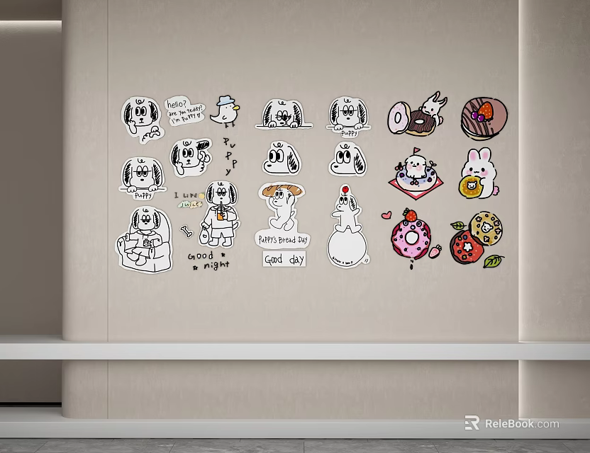 Cute Cartoon Animal And Food Pattern Wall Decor With Sweet Texts For Cozy Room 3d model 