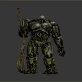 Armored Metallic Robot Holding Trident Weapon With Mechanical Design Details