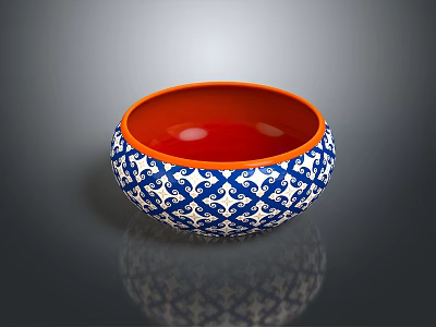 Decorative Dinnerware Set With Blue And White Pattern And Orange Interior Bowl 3d model