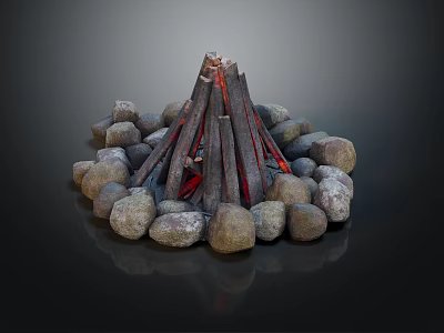Rustic Outdoor Garden Decorative Fire Pit With Stacked Wood Logs And Circular Stone Surround 3d model
