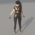 Woman With Ponytail Wearing Black Short Sleeve Crop Top Skinny Jeans Gloves And Heels