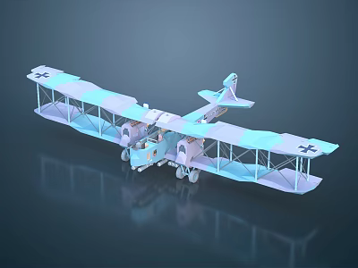 Vintage Biplane Passenger Plane With Light Blue White Camouflage Cross Insignia Dark Background Reflection 3d model