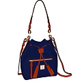 Navy Blue Bucket Bag With Red Braided Straps And Tassel Details