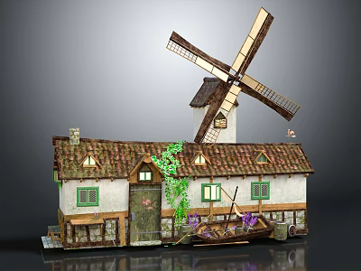 Cartoon Style Windmill House Scene With Ivy Covered Walls Pointed Roof And Small Boat 3d model