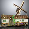 Cartoon Style Windmill House Scene With Ivy Covered Walls Pointed Roof And Small Boat
