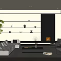 Modern Living Room Interior With White Sofa Bookshelves Fireplace And Large Window