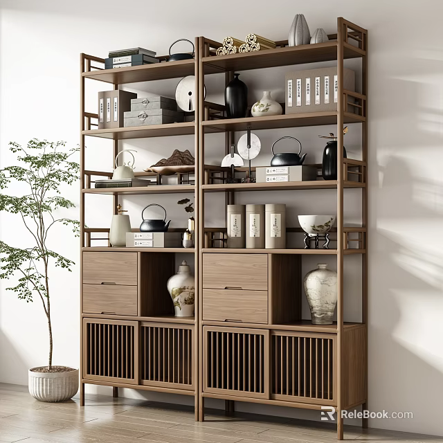 Chinese Wooden Display Shelf with Multi Layers Vases Books Teapots Decorations Drawers Grid Design 3d model 
